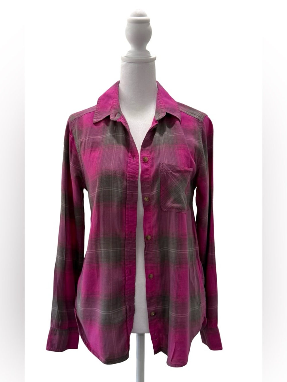 American Eagle Vintage Boyfriend Pink Gray Plaid Flannel Button-Down XS - Picture 7 of 14